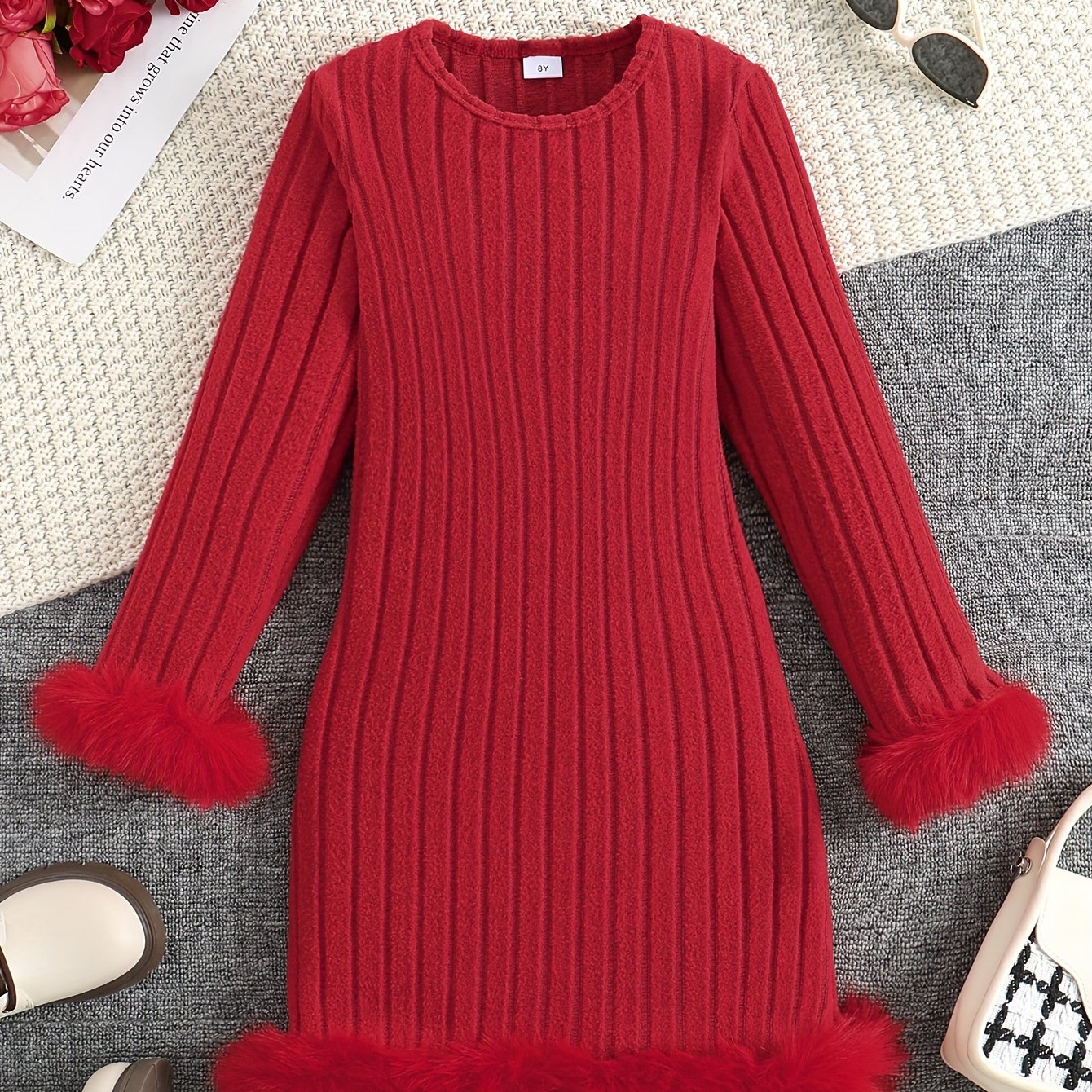 Stylish Tween Girls' Long Sleeve Faux Furry Hem Ribbed Dress for Spring & Fall Outdoors