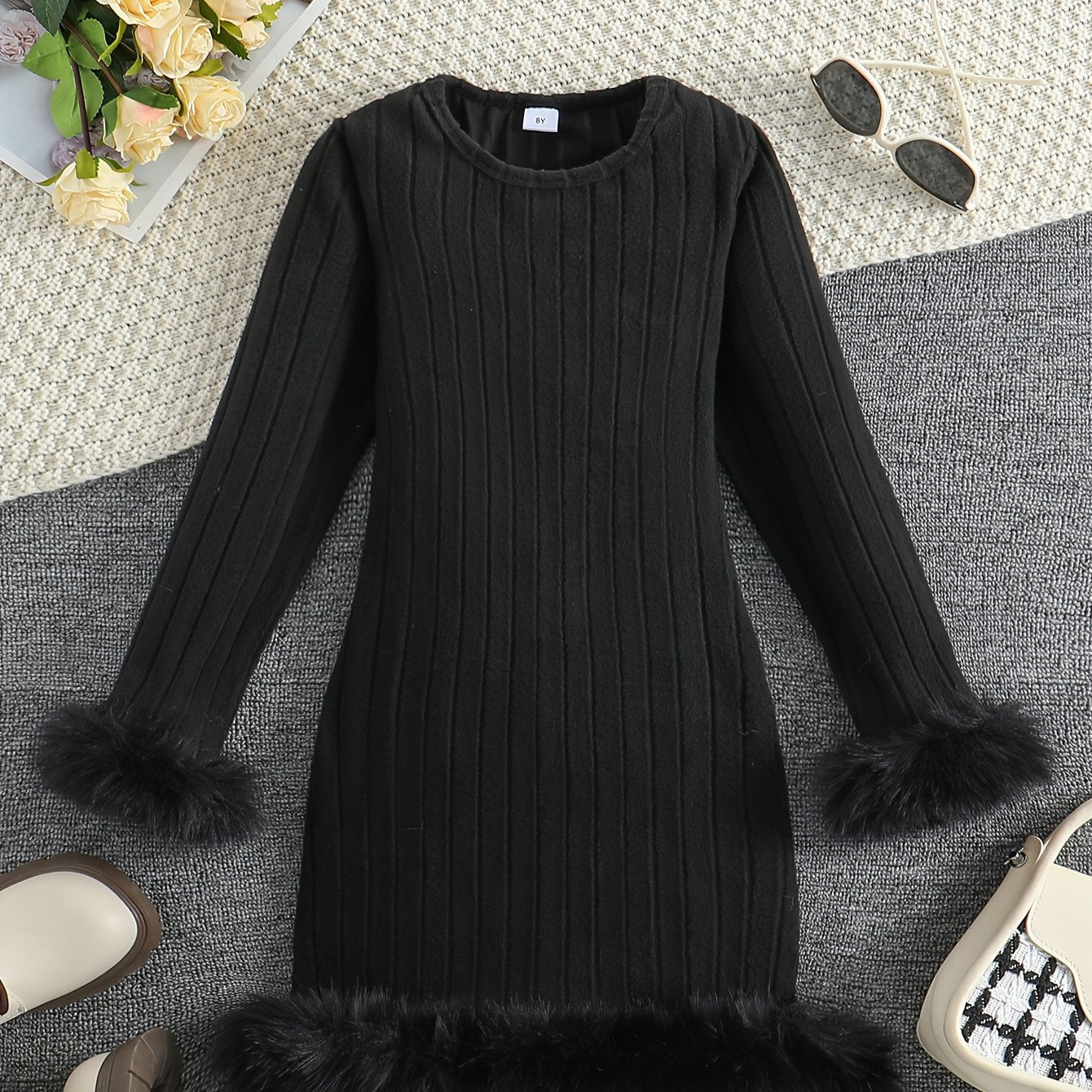 Stylish Tween Girls' Long Sleeve Faux Furry Hem Ribbed Dress for Spring & Fall Outdoors