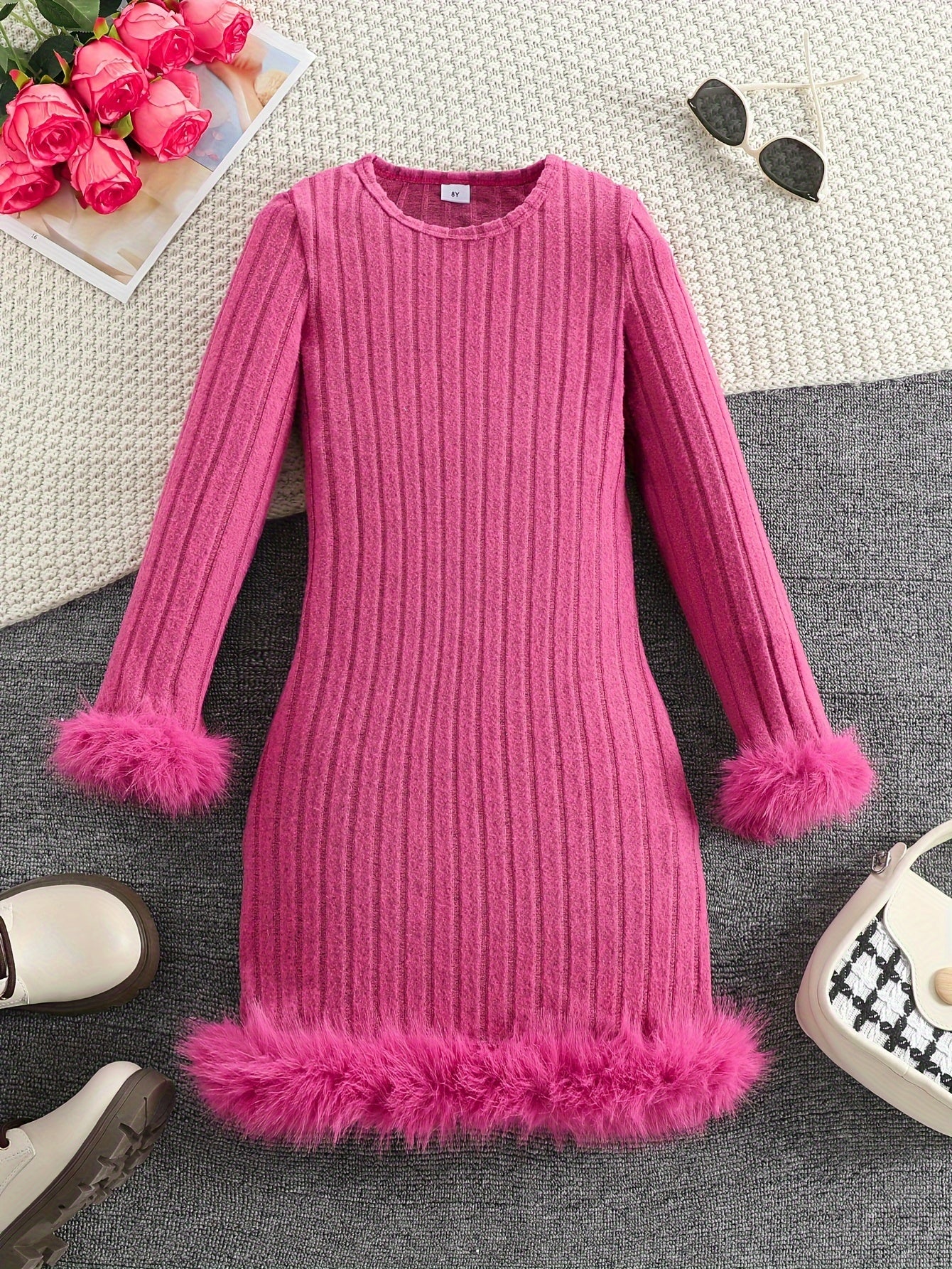 Stylish Tween Girls' Long Sleeve Faux Furry Hem Ribbed Dress for Spring & Fall Outdoors