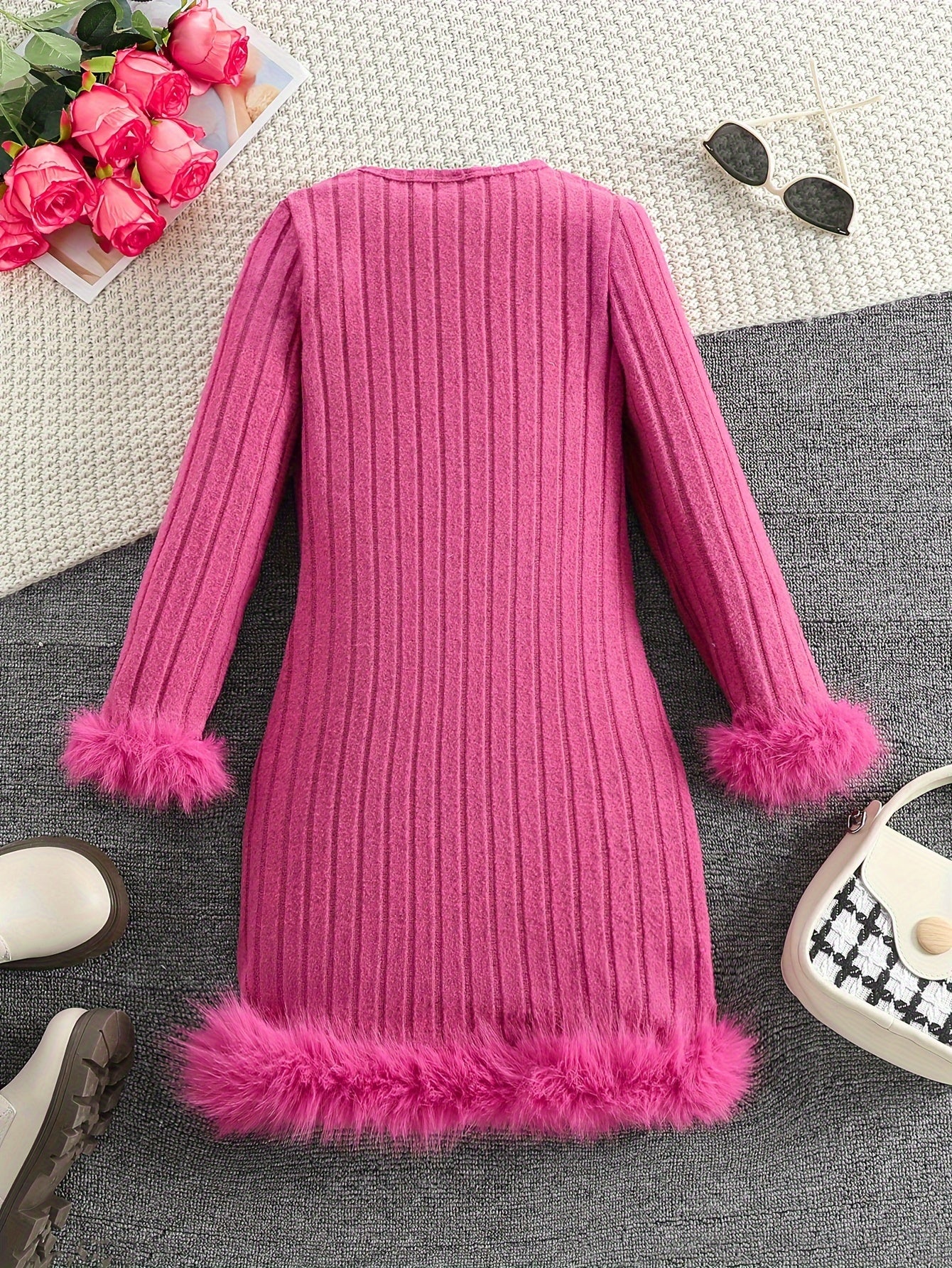 Stylish Tween Girls' Long Sleeve Faux Furry Hem Ribbed Dress for Spring & Fall Outdoors