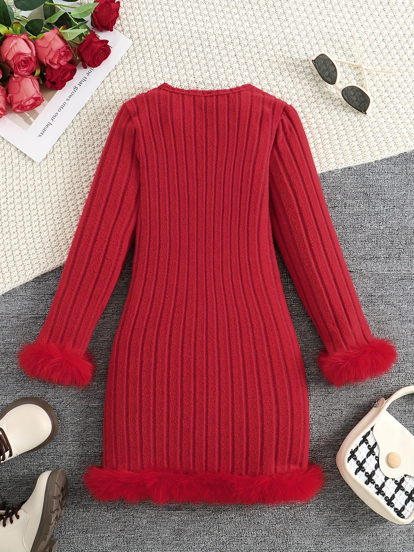 Stylish Tween Girls' Long Sleeve Faux Furry Hem Ribbed Dress for Spring & Fall Outdoors