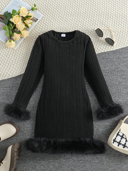 Stylish Tween Girls' Long Sleeve Faux Furry Hem Ribbed Dress for Spring & Fall Outdoors