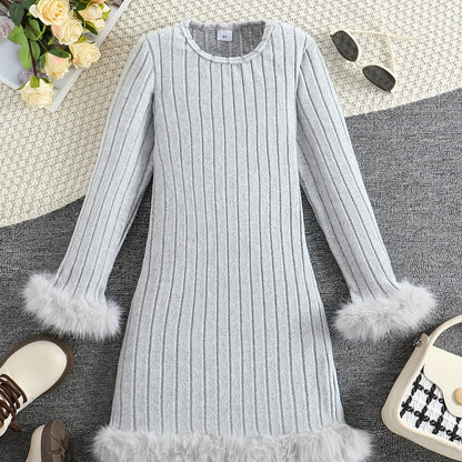 Stylish Tween Girls' Long Sleeve Faux Furry Hem Ribbed Dress for Spring & Fall Outdoors