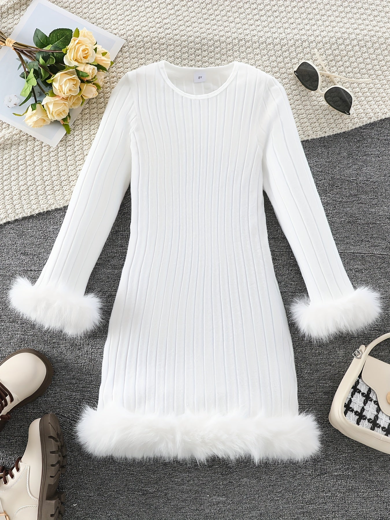 Stylish Tween Girls' Long Sleeve Faux Furry Hem Ribbed Dress for Spring & Fall Outdoors