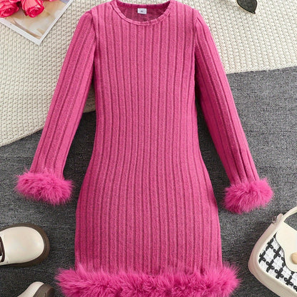 Stylish Tween Girls' Long Sleeve Faux Furry Hem Ribbed Dress for Spring & Fall Outdoors