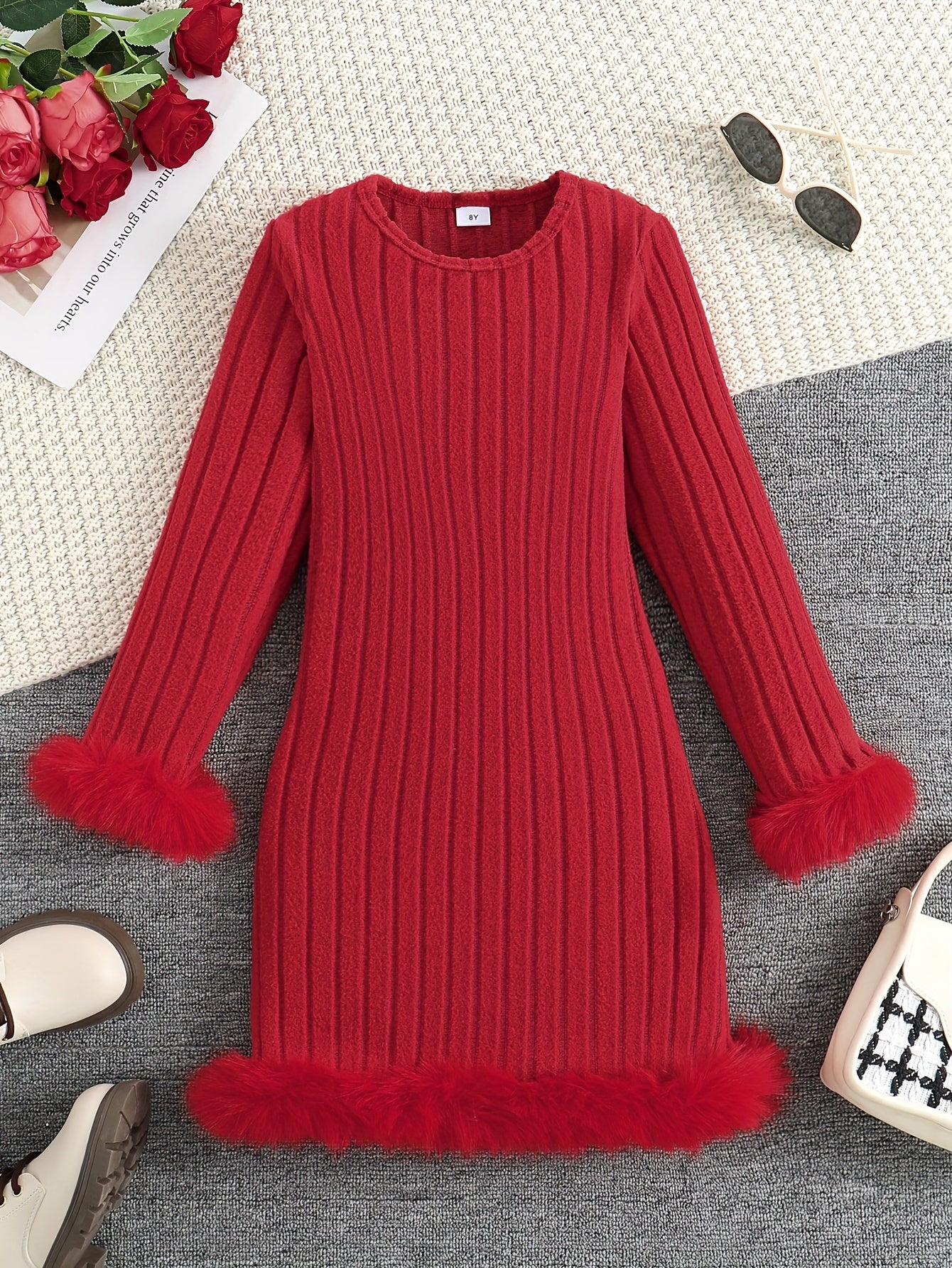 Stylish Tween Girls' Long Sleeve Faux Furry Hem Ribbed Dress for Spring & Fall Outdoors