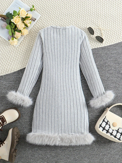 Stylish Tween Girls' Long Sleeve Faux Furry Hem Ribbed Dress for Spring & Fall Outdoors