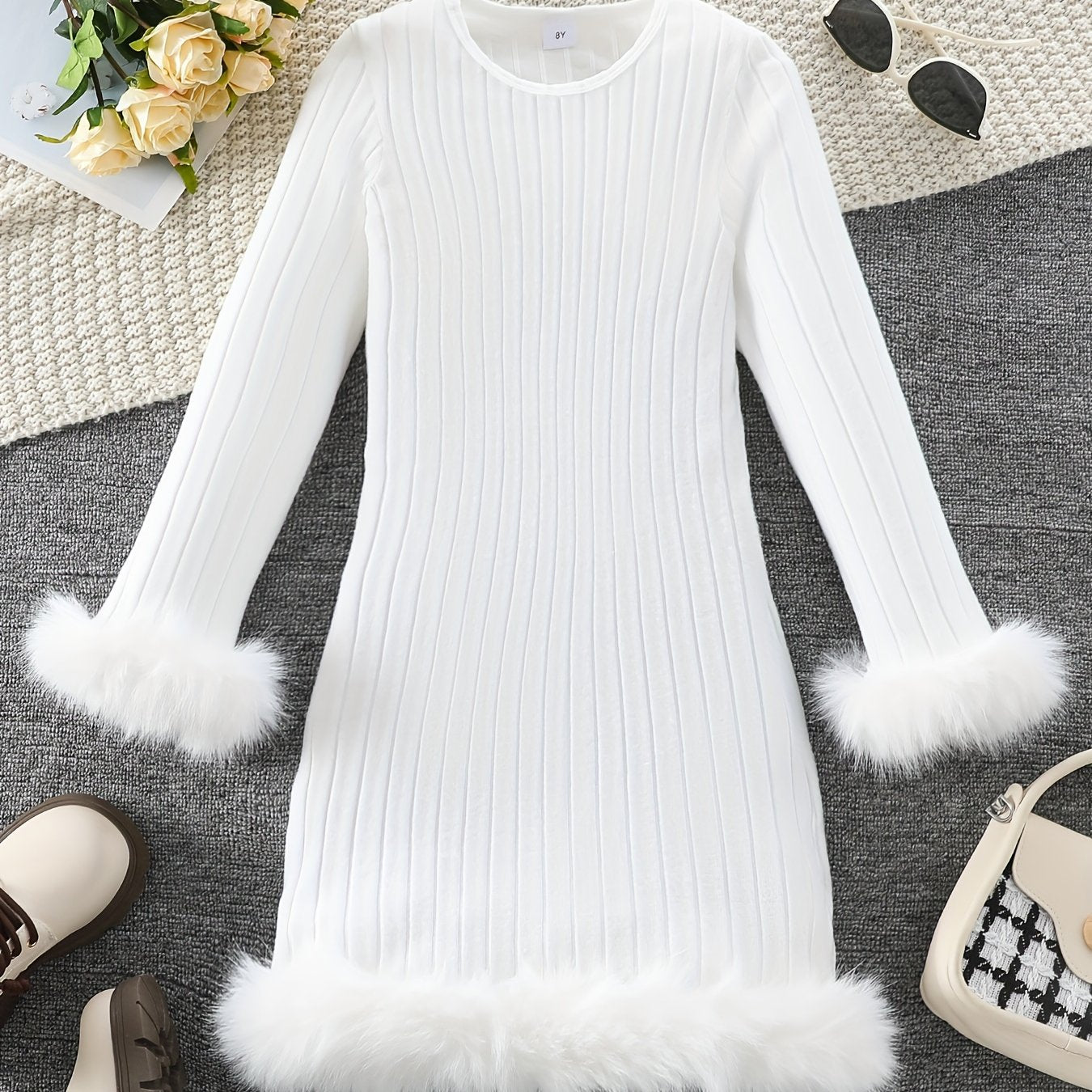 Stylish Tween Girls' Long Sleeve Faux Furry Hem Ribbed Dress for Spring & Fall Outdoors