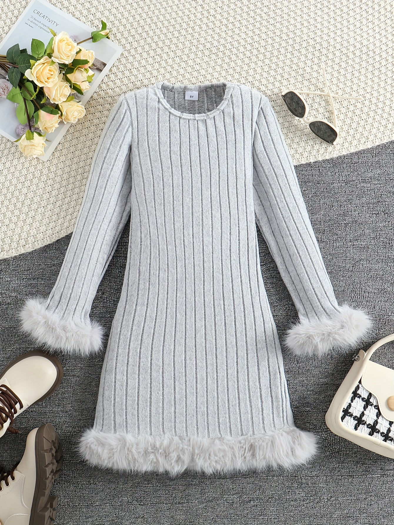 Stylish Tween Girls' Long Sleeve Faux Furry Hem Ribbed Dress for Spring & Fall Outdoors