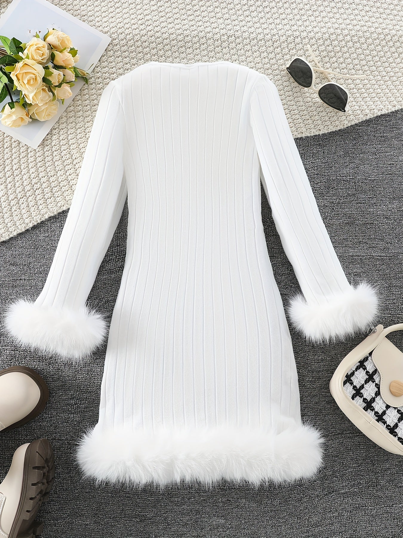 Stylish Tween Girls' Long Sleeve Faux Furry Hem Ribbed Dress for Spring & Fall Outdoors